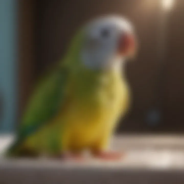 A calm parakeet basking in sunlight after a bath