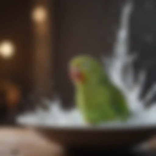 A parakeet enjoying a gentle splash in a shallow dish