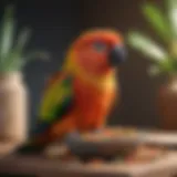 Colorful conure perched on a food bowl