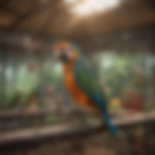 A spacious aviary designed for large parrots, showcasing various perches and toys.