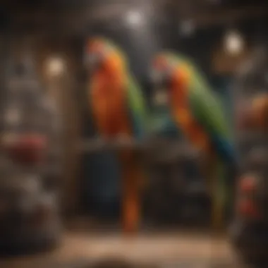 Different types of parrot cages with varied designs and colors, suited for smaller birds.