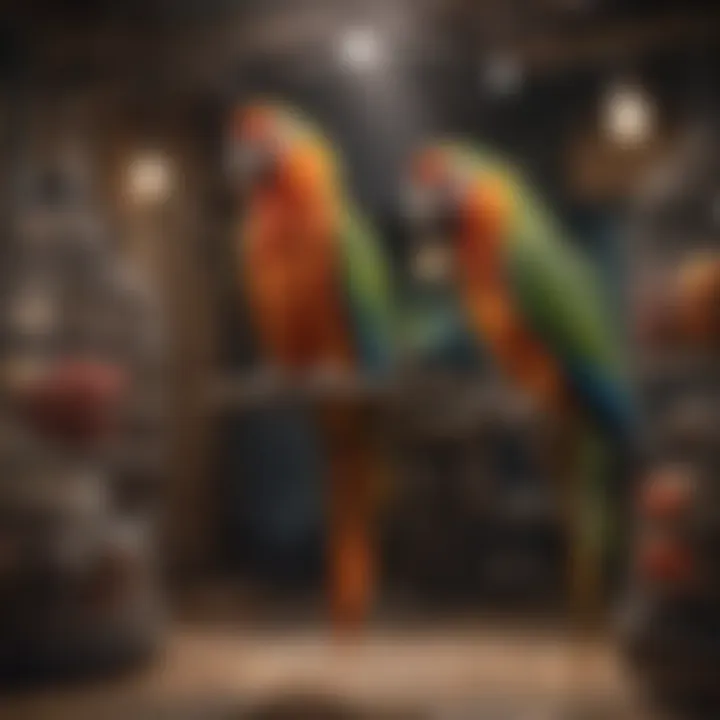 Different types of parrot cages with varied designs and colors, suited for smaller birds.