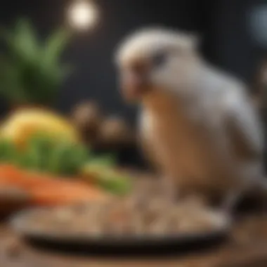 A balanced meal for cockatiels featuring seeds, pellets, and fresh produce