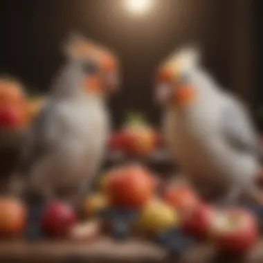 Cockatiel feeding on fruits like apples and berries