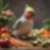 Healthy cockatiel enjoying a variety of seeds and vegetables