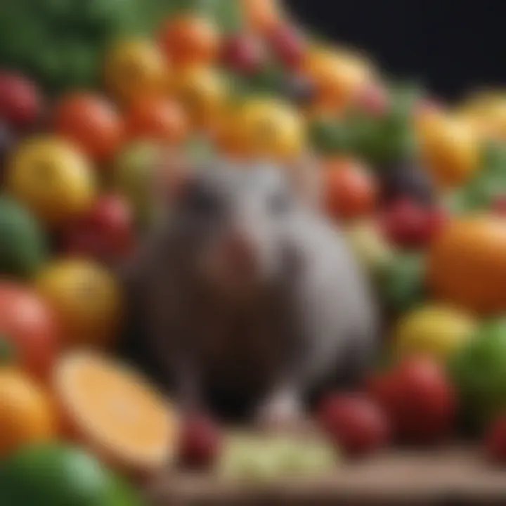 A colorful assortment of fresh fruits and vegetables suitable for pet rats