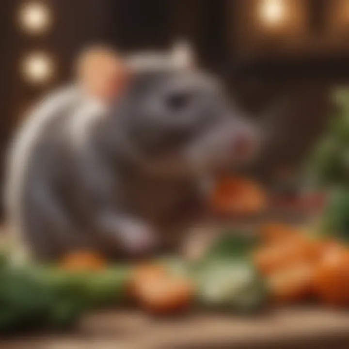 A pet rat enjoying a fresh vegetable snack in a cozy environment