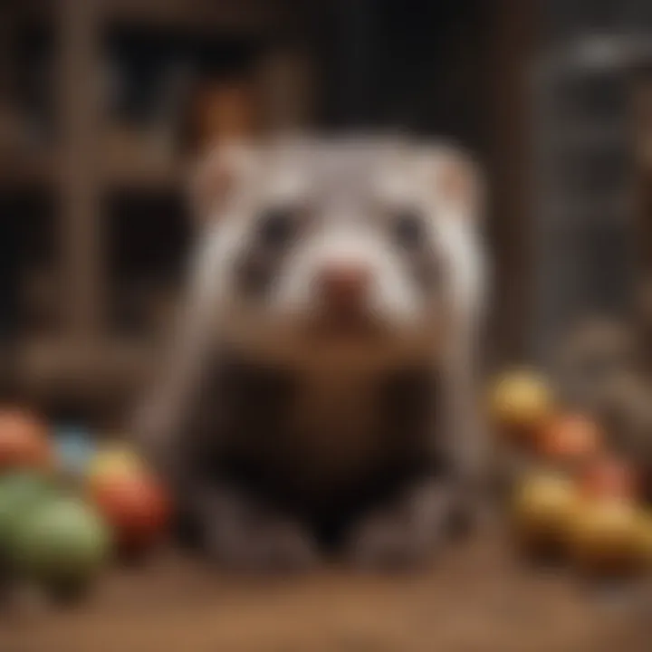 Various enrichment toys arranged in a ferret cage to stimulate play and exploration