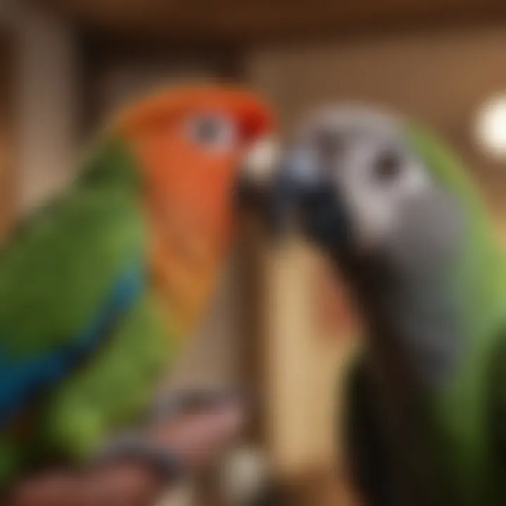 Close-up of a friendly parrot interacting with a person