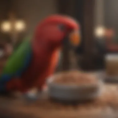 Eclectus Parrot Eating Pellets A close-up of an Eclectus parrot enjoying a bowl of nutritious pellets.