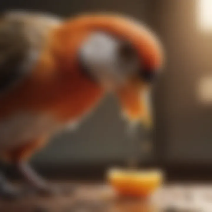 Close-up of a bird enjoying a probiotic supplement.