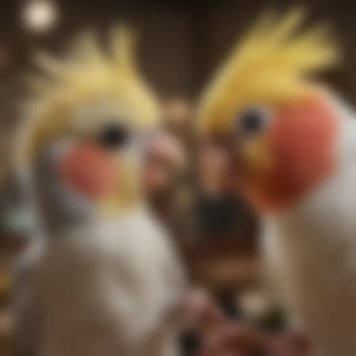 A serene cockatiel interacting with its owner in a playful manner