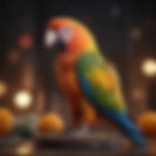 A colorful parrot perched on a hand, showcasing vibrant feathers.