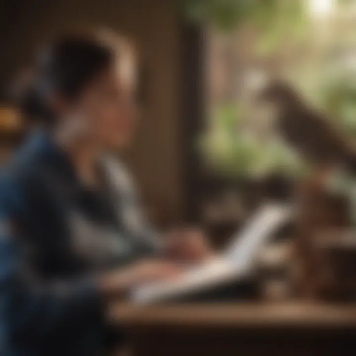 A person observing a bird's behavior attentively, with a notebook.