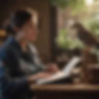 Understanding Avian Behavior A person observing a bird's behavior attentively, with a notebook.
