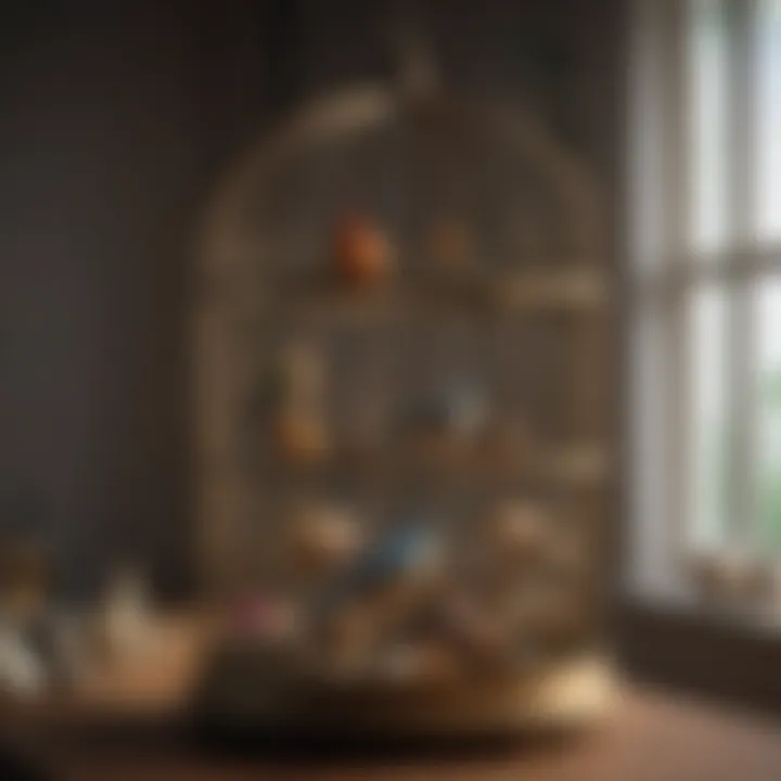 A clean and organized birdcage filled with toys and natural perches.