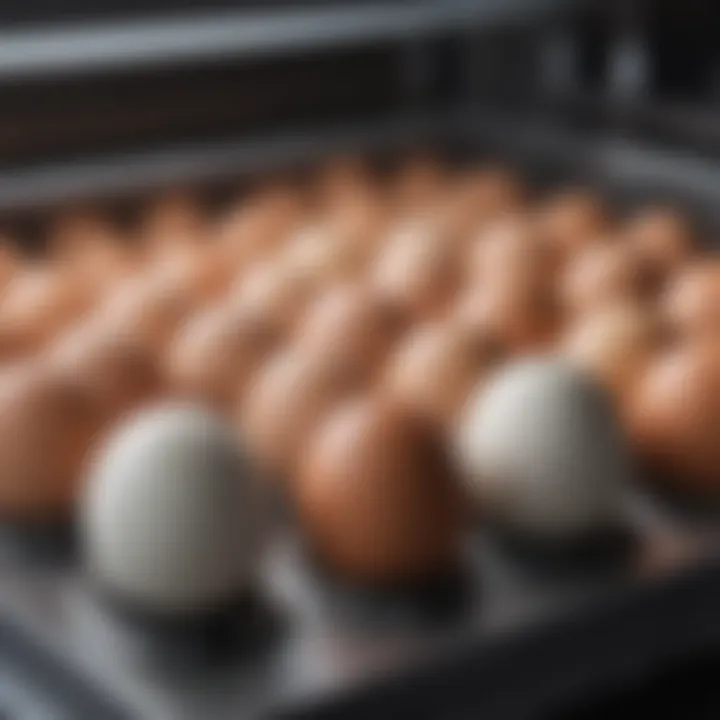 Close-up of various bird eggs placed in an incubator