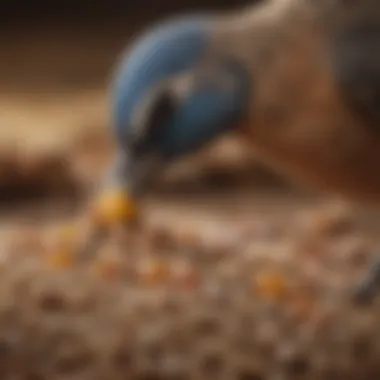 A close-up view of an avian species enjoying pelleted food, highlighting the feeding behavior.