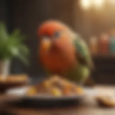 Close-up of a vibrant pet bird enjoying a nutritious meal