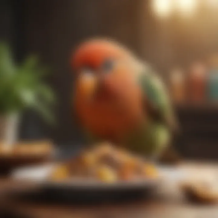 Close-up of a vibrant pet bird enjoying a nutritious meal