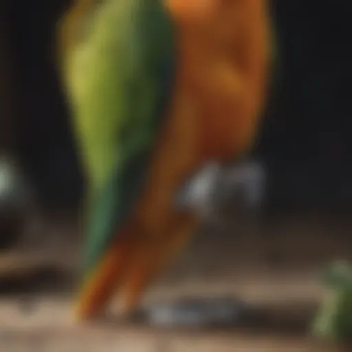 A close-up of a parrot's feet showing well-trimmed nails