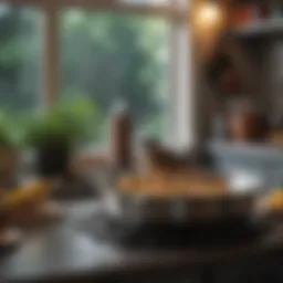 A vibrant and healthy bird perched near a kitchen.