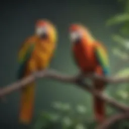 Colorful parrots perched on a branch, showcasing their vibrant feathers