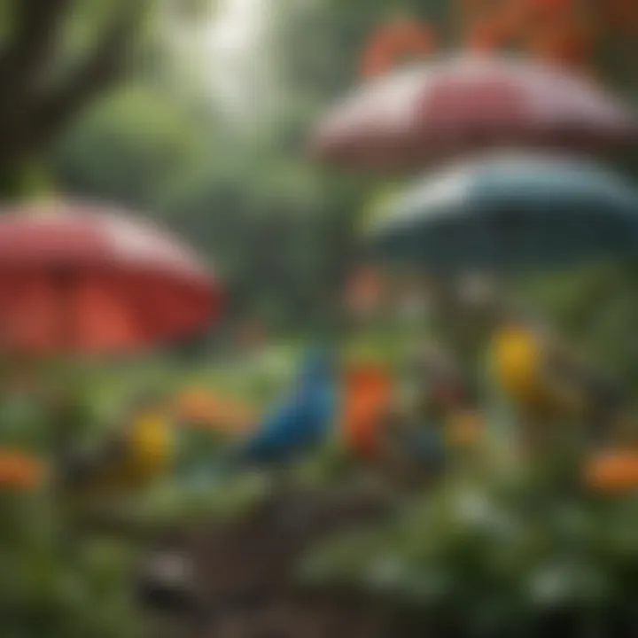 An overview of various bird umbrellas in a vibrant garden setting