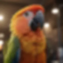 A vibrant parrot perched on a vet's shoulder during a consultation.
