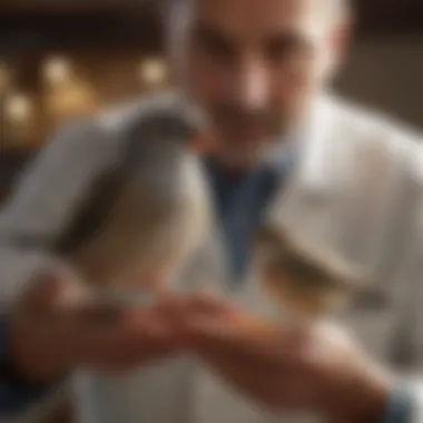 An avian veterinarian gently handling a small bird, demonstrating proper care techniques.