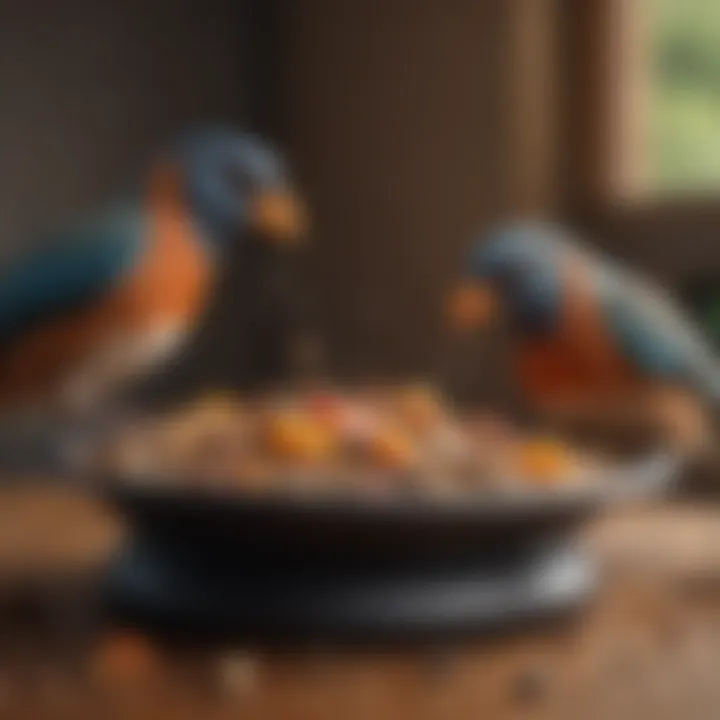 Colorful birds enjoying a meal from a covered food dish.