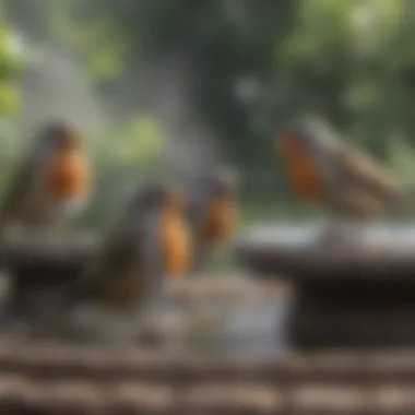 Close-up of birds enjoying a refreshing mist from a bird bath