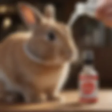 A close-up view of a bunny curiously sniffing a bitter spray bottle