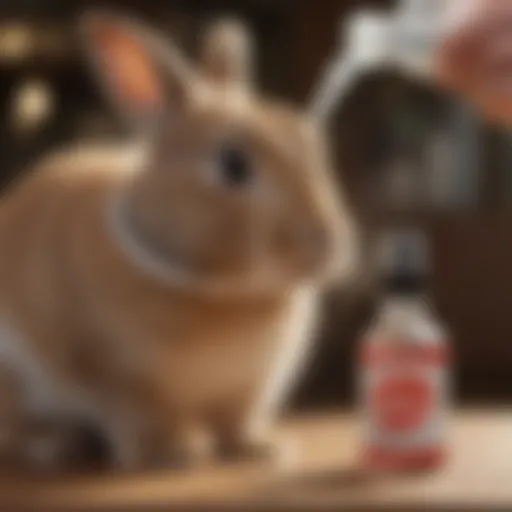 A close-up view of a bunny curiously sniffing a bitter spray bottle