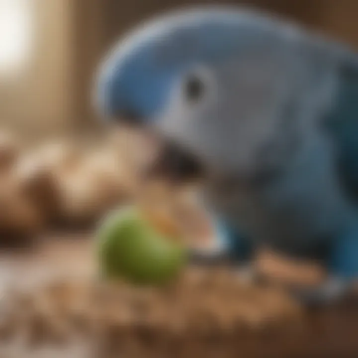 Close-up of a blue parakeet eating seeds, highlighting its dietary preferences.