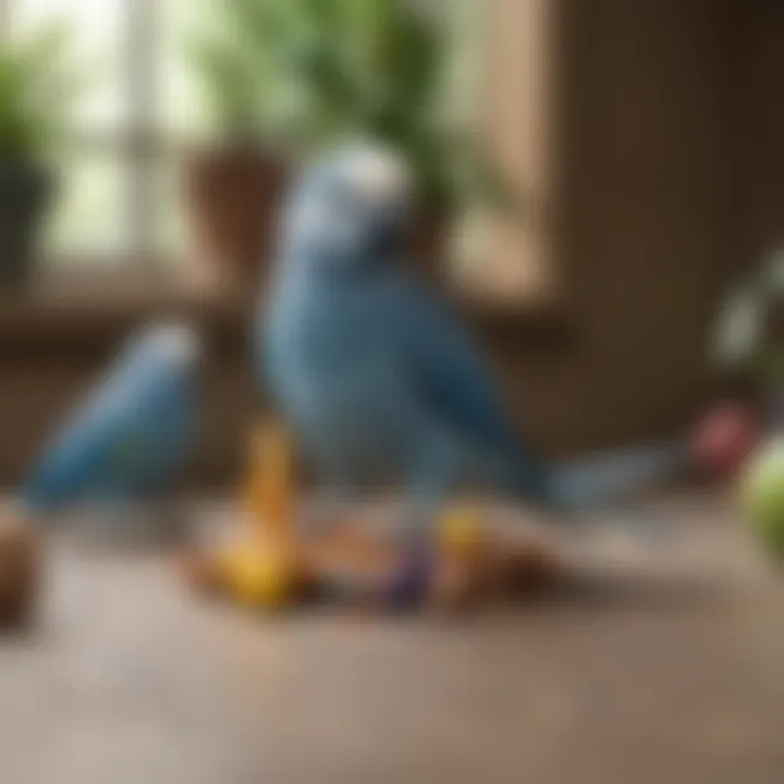 A blue parakeet engaging with toys, illustrating its playful nature.