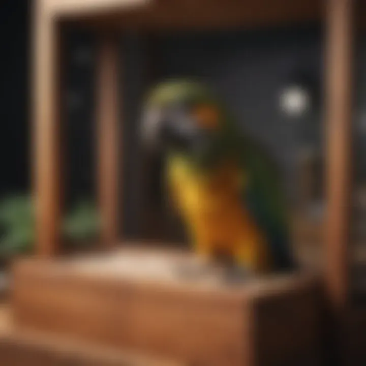 Interior view of a parrot breeding box showcasing nesting materials