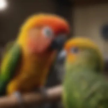 A close-up of a healthy conure being examined by an avian veterinarian.