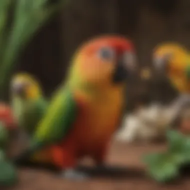 A vibrant array of conure species displayed together in a naturalistic setting.