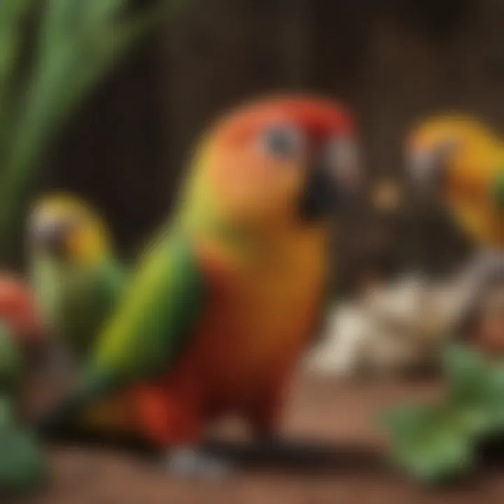 A vibrant array of conure species displayed together in a naturalistic setting.