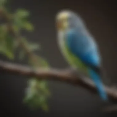 A budgie happily perched on a natural branch, showcasing its playful behavior.