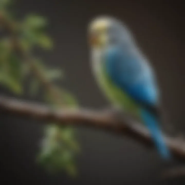 A budgie happily perched on a natural branch, showcasing its playful behavior.