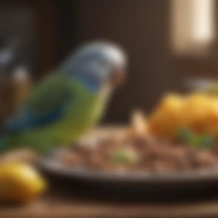 Budgie parakeet enjoying a balanced meal