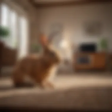 A cozy living room with a rabbit exploring its surroundings