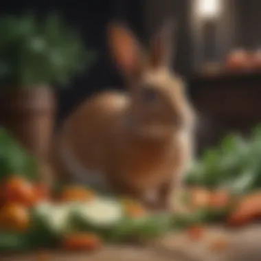 A close-up of a rabbit munching on fresh vegetables