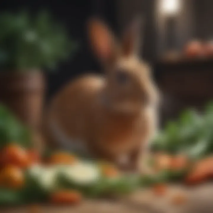 A close-up of a rabbit munching on fresh vegetables