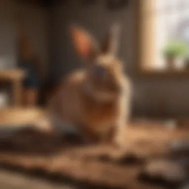 A happy rabbit engaging with a digging mat in a cozy living space.