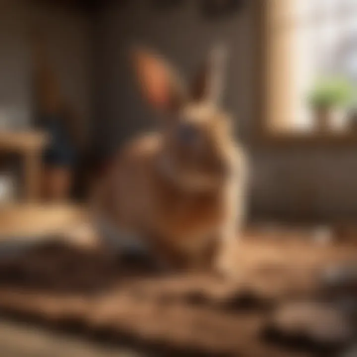 A happy rabbit engaging with a digging mat in a cozy living space.