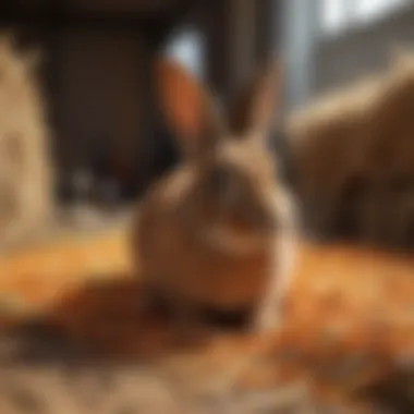 A rabbit joyfully digging into a colorful mat filled with hay.