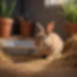 A well-organized bunny litter box setup with hay and absorbent material.